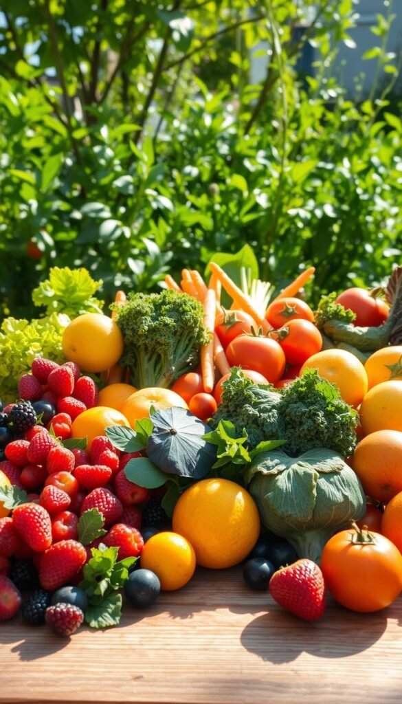 A bountiful still life featuring a variety of fresh, vibrant fruits and vegetables arranged in a naturalistic, bird-friendly manner. In the foreground, sun-ripened berries, crisp greens, and juicy citrus fruits sit atop a wooden surface, casting soft shadows. In the middle ground, an assortment of nutrient-rich produce, such as carrots, tomatoes, and leafy kale, is displayed invitingly. The background depicts a lush, verdant garden setting, with sunlight filtering through the leaves and creating a warm, welcoming atmosphere. The overall composition evokes a sense of nourishment and vitality, perfectly capturing the essence of providing your feathered friends with a bountiful, natural feast.