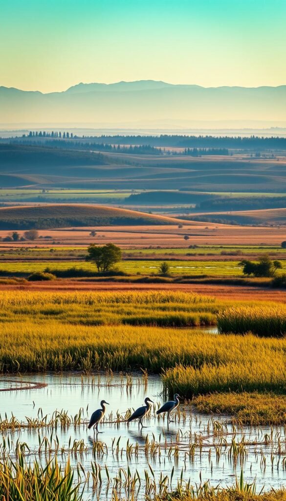 A breathtaking vista of lush wetlands and vast grasslands, bathed in golden afternoon light. In the foreground, a serene pond reflects the silhouettes of wading birds, their long legs sinking into the reedy shallows. The middle ground features a mosaic of diverse habitats - dense cattail marshes, undulating meadows, and gently sloping hills dotted with groves of towering deciduous trees. The background fades into a hazy horizon, where distant mountain peaks rise, creating a sense of depth and scale. The entire scene exudes a tranquil, almost mystical atmosphere, capturing the essence of key migratory bird habitats.