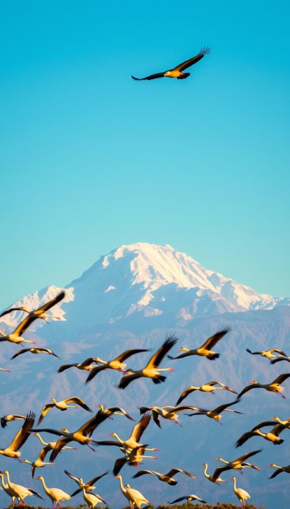 A breathtaking vista of the highest flying birds soaring effortlessly against a vast, azure sky. In the foreground, a flock of majestic cranes or storks, their long necks and graceful wings outstretched as they glide on the thermal currents. In the middle ground, a towering, snow-capped mountain range forms a dramatic backdrop, bathed in warm, golden light. High above, a lone, magnificent condor or eagle circles, its keen eyes scanning the landscape below. The scene is imbued with a sense of tranquility and awe, capturing the essence of the world's most impressive aerial acrobats.