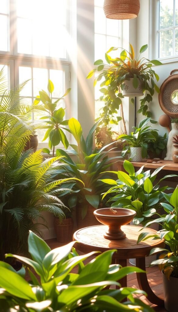 A bright, airy indoor garden with lush greenery and colorful bird-friendly plants. The foreground features a variety of houseplants like ferns, philodendrons, and peace lilies, carefully selected for their non-toxic properties. Rays of warm, diffused sunlight stream in through large windows, casting a gentle glow over the scene. In the middle ground, a small bird bath or feeder sits atop a rustic wooden table, welcoming avian visitors. The background depicts a soothing, nature-inspired decor with natural materials like wicker, stone, and wood accents. An overall calming, nature-inspired atmosphere pervades the space, creating a harmonious and safe haven for both plants and birds.