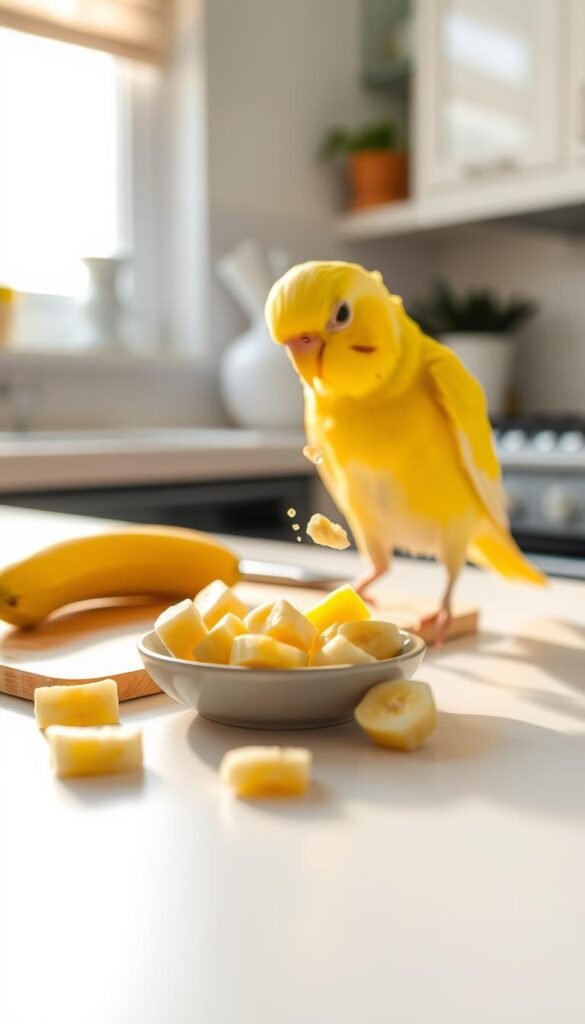 A bright and airy kitchen countertop, with a cutting board and a ripe yellow banana. Slicing the banana into bite-sized pieces, highlighting the soft, mushy texture and the delicate, sweet aroma. Sprinkling a few of the banana slices onto a small dish, creating an inviting presentation for a budgie to enjoy. Warm, natural lighting casts a gentle glow, emphasizing the vibrant colors and creating a welcoming, nurturing atmosphere. The scene conveys a sense of care and attention to the budgie's dietary needs, encouraging a healthy and balanced diet.