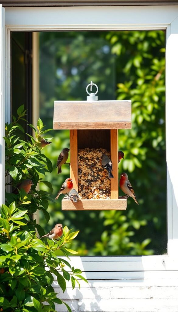 A bright, sunlit window frame holding a well-stocked bird feeder, surrounded by lush, green foliage. The feeder is made of a sturdy, weathered wood, with a clear plastic cover to allow birds easy access to the assortment of seeds, nuts, and suet within. A variety of vibrant, feathered visitors – finches, sparrows, and chickadees – flit and flutter around the feeder, pausing to enjoy the delectable treats. The scene is captured with a crisp, high-resolution lens, showcasing the intricate details of the feeder and the birds in sharp focus, against a softly blurred, naturalistic background, conveying a sense of peaceful, intimate connection between the urban space and the wildlife it supports.
