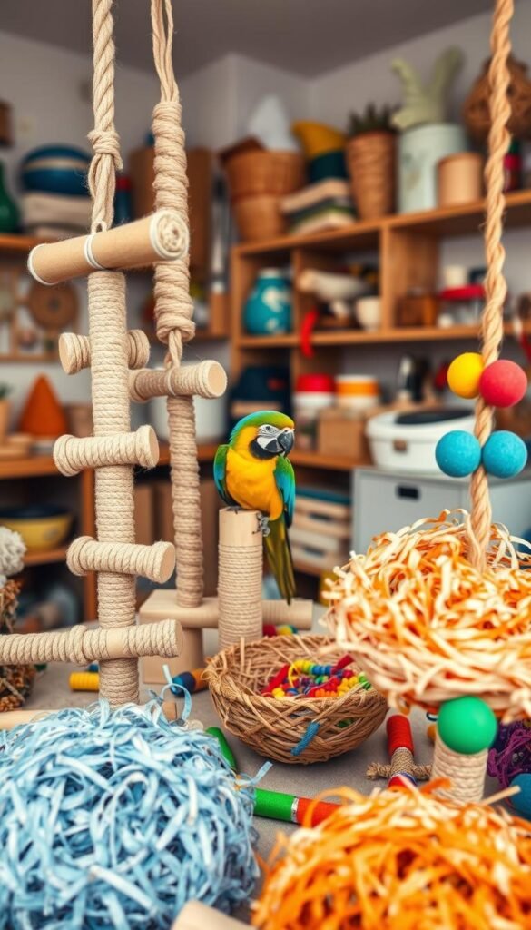A brightly lit DIY parrot toy workshop, filled with natural textures and vivid colors. In the foreground, an assortment of carefully crafted parrot toys - rope ladders, wooden perches, shredded paper nests, and colorful chew toys. In the middle ground, a parrot enthusiastically interacting with the toys, its feathers shimmering under the warm, soft lighting. The background features a cozy, well-organized workspace with shelves of parrot-safe materials, tools, and inspirational ideas. The overall atmosphere evokes a sense of creative DIY energy, encouraging parrot owners to embrace cost-effective and customizable enrichment solutions.