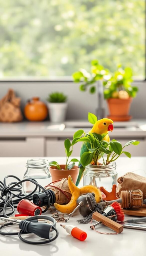 A brightly lit, detailed still life composition showcasing common household items that pose a danger to pet birds. In the foreground, a variety of hazardous objects are prominently displayed, including loose wires, toxic houseplants, open water sources, and sharp edges. The middle ground features a clean, modern kitchen counter or tabletop setting, while the background gradually fades into a softly blurred natural environment, suggesting the bird's safe outdoor habitat. Lighting is warm and natural, with a focus on capturing the textures and materials of the hazardous items. The overall tone is one of informative caution, gently warning bird owners of the unseen dangers within their home.