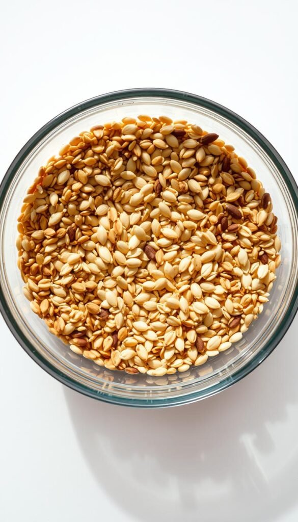 A brightly lit overhead view of a glass bowl filled with various bird seeds, including millet, sunflower seeds, and safflower seeds. The seeds are arranged in a visually appealing, symmetrical pattern, highlighting their diverse colors and textures. The bowl is placed on a clean, neutral surface, such as a wooden table or a white background, creating a minimalist and focused composition. The lighting is soft and natural, casting gentle shadows and highlighting the sheen of the seeds. The overall mood is one of simplicity, clarity, and an educational focus on the components of a typical bird seed diet, conveying the message of an over-reliance on such a limited diet for pet parrots.