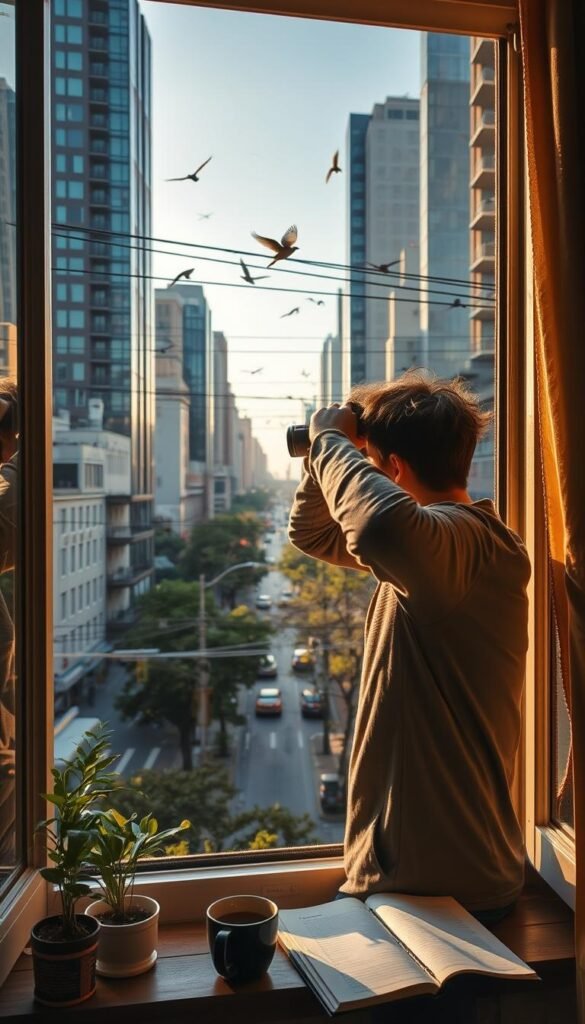 A bustling urban setting, with tall buildings and busy streets in the background. In the foreground, a person stands at an open window, their binoculars raised to their eyes as they intently observe the birds flitting among the treetops and power lines. The scene is bathed in warm, golden afternoon light, casting a cozy, contemplative atmosphere. Subtle details like potted plants on the windowsill, a cup of coffee, and a birdwatching journal add to the immersive, intimate feel of the urban birdwatching experience.