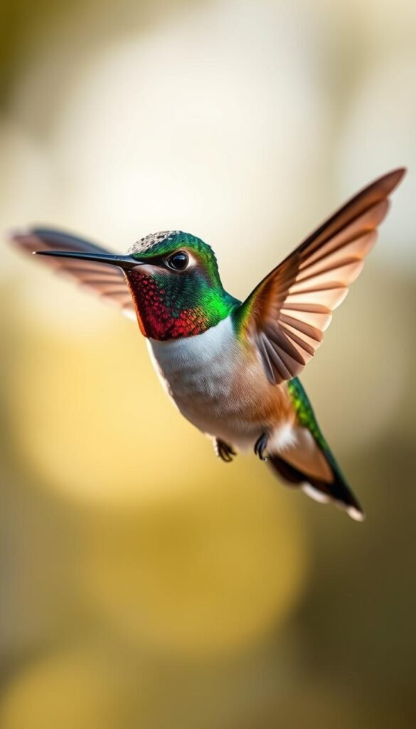A captivating close-up of a ruby-throated hummingbird hovering effortlessly, its iridescent crimson throat gleaming in the warm afternoon sunlight. The bird's emerald-green crown and back, and its delicate wings flapping at lightning speed, create a mesmerizing, jewel-like effect. The background is blurred, focusing attention on the hummingbird's intricate details - its tiny, sharp beak, its dark, glittering eyes, and the whimsical texture of its feathers. The image is captured with a shallow depth of field, using a telephoto lens to isolate the hummingbird against a softly diffused, natural backdrop, conveying a sense of tranquility and intimacy with this diminutive, yet captivating avian gem.