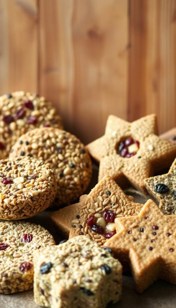 A carefully arranged display of various homemade suet cake recipes for wild birds. In the foreground, a selection of suet cakes in different shapes and colors, such as round, square, and star-shaped, with visible birdseed, nuts, and dried fruit inclusions. In the middle ground, a wooden board or surface, with a rustic, weathered appearance, providing a natural backdrop. The lighting is soft and natural, creating warm, inviting tones that highlight the textures and details of the suet cakes. The overall composition conveys a sense of homemade, wholesome nourishment for the feathered visitors to your backyard.