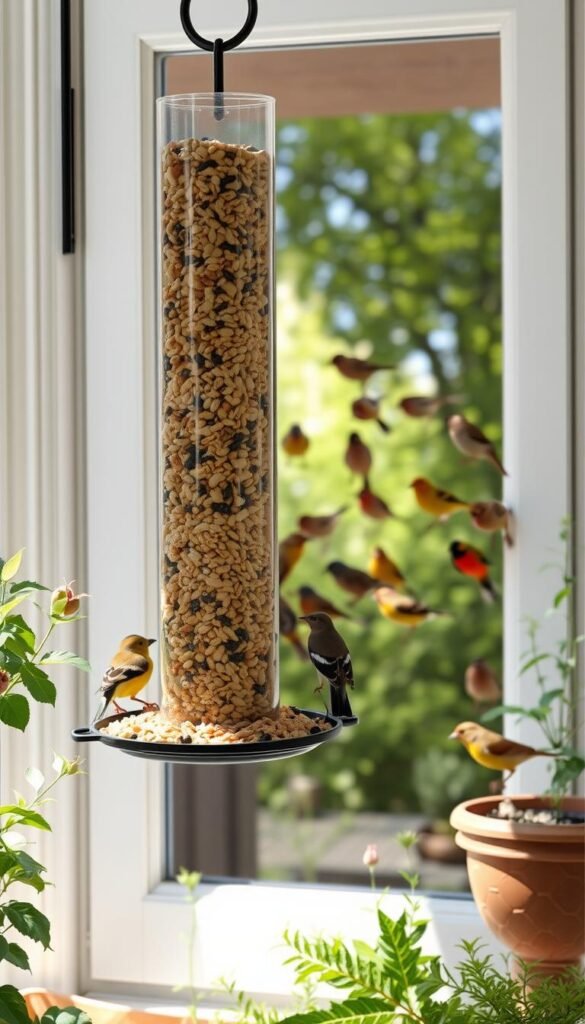A charming window feeder station in natural light, drawing in a flock of vibrant songbirds. In the foreground, the feeder filled with diverse seeds and grains, hanging from a sturdy metal bracket. Surrounding the feeder, lush greenery and potted plants create a welcoming habitat. In the middle ground, a variety of birds - finches, titmice, sparrows - perch and flutter, captivated by the plentiful food source. In the background, a cozy, sun-dappled window frame provides the perfect viewing spot for the avian visitors. The overall scene conveys a sense of tranquility and peaceful coexistence between humans and nature.