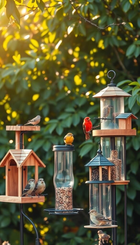 A cheerful arrangement of various bird feeders, each designed to attract specific species, set against a warm, soft-focus backdrop of lush greenery. The feeders are crafted from natural materials like wood, metal, and glass, blending seamlessly with the natural setting. Gentle sunlight filters through the leaves, casting a serene glow and creating captivating shadows. The feeders are positioned at different heights, creating a visually interesting and inviting scene for the birds. The overall atmosphere is one of tranquility and harmony, perfectly complementing the article's focus on providing the right nutrition for wild birds year-round.