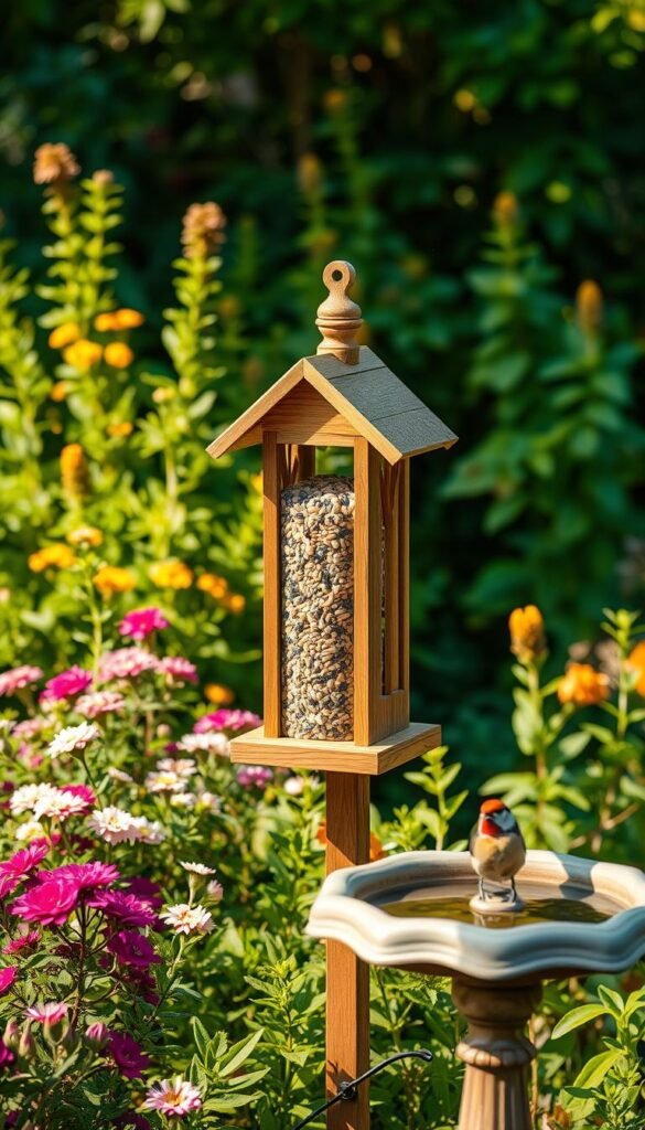 A classic wooden bird feeder stands in a lush garden, filled with an assortment of premium birdseed. The feeder is positioned amidst a vibrant backdrop of flowering plants and verdant foliage, bathed in soft, warm lighting that casts gentle shadows. Nearby, a bird bath invites feathered visitors to quench their thirst. The scene is captured through a crisp, high-resolution lens, showcasing the intricate details of the feeder's craftsmanship and the natural beauty of the surrounding environment. The overall mood is one of tranquility and harmony, inviting the viewer to imagine the delightful sights and sounds of birds happily feeding in this welcoming outdoor oasis.