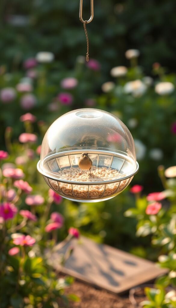 A clean and well-maintained bird feeder in a serene outdoor setting. The feeder is made of gleaming metal, with a transparent seed tray that allows the viewer to see the fresh, high-quality seed inside. The feeder is hanging from a sturdy metal hook, casting a soft, natural shadow on the ground below. The background depicts a lush, verdant garden filled with blooming flowers and vibrant foliage, creating a tranquil and inviting atmosphere. The lighting is soft and diffused, with a warm, golden glow that enhances the overall aesthetic. The composition is balanced and visually appealing, drawing the viewer's attention to the clean and well-cared-for feeder.