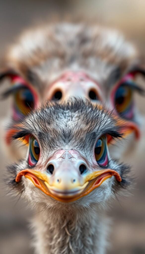 A close-up comparison of two ostrich eyes, showcasing their remarkable size and unique features. In the foreground, a detailed study of a single, mesmerizing ostrich eye, its iridescent hues and striking sclera contrasting against a softly blurred background. In the middle ground, a second ostrich eye, positioned to highlight the sheer scale and captivating dimensions of these extraordinary organs. Captured with a crisp, high-resolution lens and natural lighting, the image conveys a sense of wonder and awe at the enigmatic nature of the ostrich's remarkable visual system.