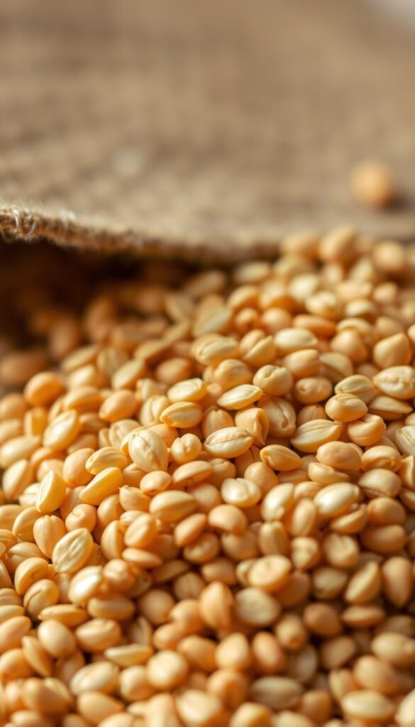A close-up, detailed photograph of a handful of milo (sorghum) seeds. The seeds are in sharp focus, with a shallow depth of field that blurs the background. The seeds are shown in a natural, earthy-toned setting, perhaps on a wooden surface or textured fabric. The lighting is soft and natural, creating warm highlights and subtle shadows that accentuate the intricate textures and patterns of the individual seeds. The composition places the milo seeds as the central focus, filling the frame and conveying their visual appeal and importance as a birdseed ingredient. The overall mood is one of simplicity, natural beauty, and the nourishing qualities of this essential backyard bird food.