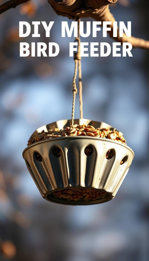 A close-up, high-resolution photograph of a DIY muffin bird feeder against a soft, blurred background. The feeder is made from a large muffin tin filled with birdseed and suet, with small holes drilled in the sides to allow birds to perch and feed. The tin is suspended from a rustic wooden stand or tree branch, casting gentle shadows. The scene is illuminated by warm, natural daylight, highlighting the textures of the wood and metal. The mood is cozy, inviting, and appealing to both birds and the human observer. Depth of field is shallow, keeping the feeder in sharp focus while the background gently fades.