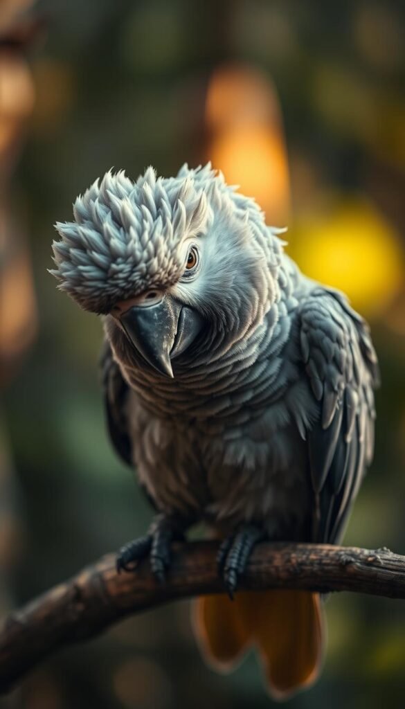 A close-up photograph of a distressed parrot with ruffled feathers, its head tilted slightly to the side, and a weary, disinterested expression on its face. The parrot is perched on a wooden branch in a softly lit, natural setting, with muted colors and soft shadows creating a somber, contemplative atmosphere. The background is blurred, focusing the viewer's attention on the dejected bird. The lighting is warm and diffused, casting a gentle glow on the parrot's plumage, emphasizing its reduced appetite and lack of vitality. The image is captured with a shallow depth of field, creating a sense of intimacy and drawing the viewer into the parrot's plight.