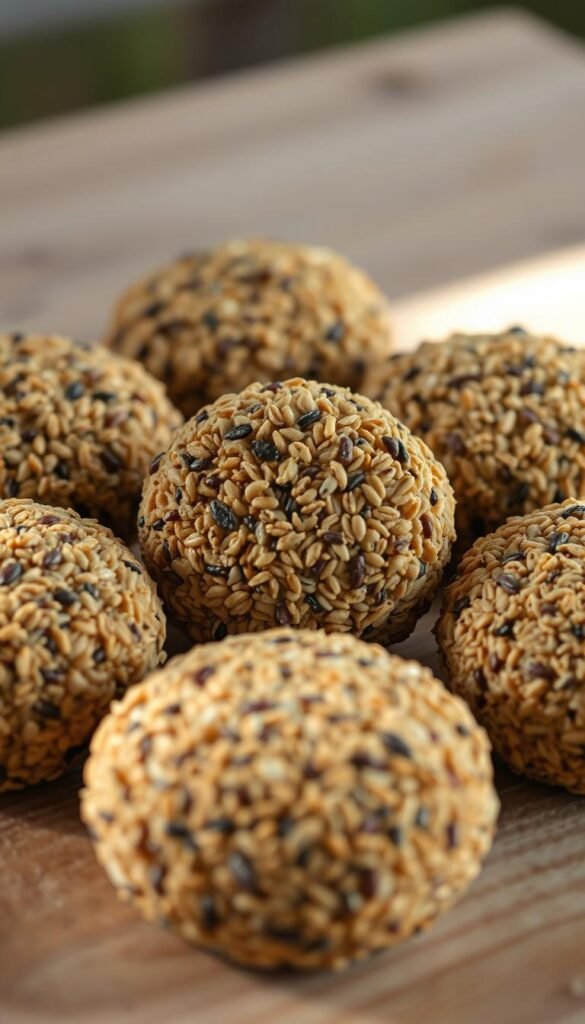 A close-up photograph of several suet cakes for wild birds, arranged on a wooden surface. The suet cakes are made of a mixture of rendered fat and birdseed, molded into dense, round shapes. The cakes have a golden-brown exterior, with visible seeds and grains embedded throughout. The lighting is natural, with soft, diffused illumination from the side, creating subtle shadows and highlights that accentuate the texture and details of the suet cakes. The background is blurred, creating a sense of focus on the foreground objects. The overall mood is one of simplicity and natural abundance, suitable for attracting a variety of Ohio's feathered residents.