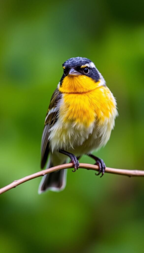 A close-up portrait of a Common Yellowthroat (Geothlypis trichas), a small warbler with a distinctive black mask around its bright yellow face and throat. The bird is perched on a delicate twig, its feathers softly ruffled by a gentle breeze. The background is a lush, blurred green foliage, creating a serene, natural setting. The lighting is soft and diffused, accentuating the bird's vibrant colors and bringing out the intricate details of its plumage. The lens is focused tightly on the bird, isolating it from the surroundings and drawing the viewer's attention to its captivating gaze and striking appearance.