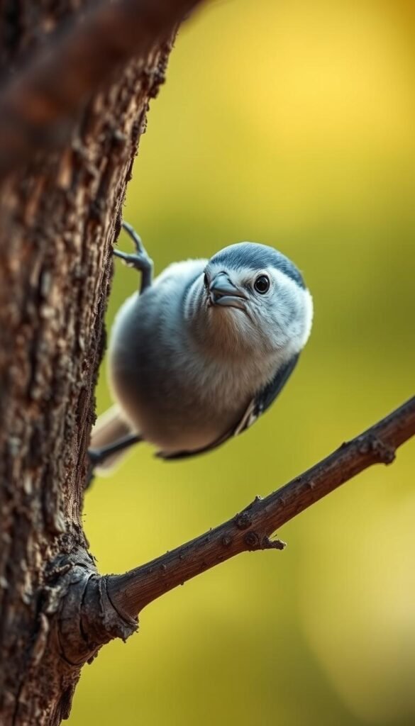 A close-up portrait of a White-Breasted Nuthatch perched sideways on a tree branch, with its distinctive gray back, white chest, and black cap. The bird's small, sharp beak is visible as it intently forages for insects and seeds. The scene is bathed in warm, soft lighting, creating a natural, intimate atmosphere. The background is blurred, hinting at a lush, green forest setting. The nuthatch's acrobatic movements are captured in a moment of focus and determination, reflecting its role as an agile, resourceful backyard visitor.