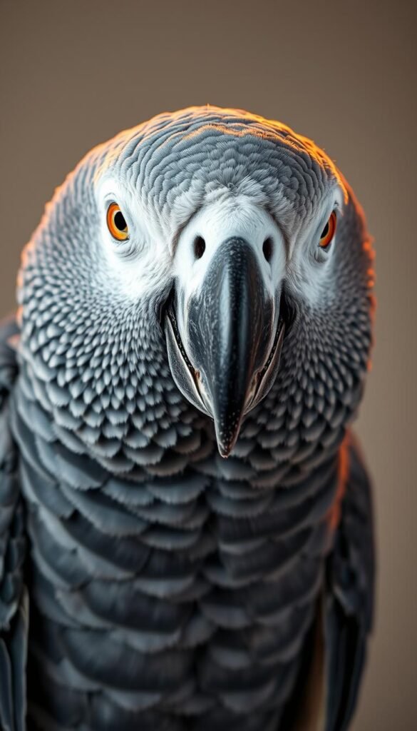 A close-up portrait of a majestic African Grey Parrot, its slate-grey feathers shimmering under warm studio lighting. The bird's intelligent gaze is intense and piercing, its curved beak slightly parted as if about to utter a phrase. The background is a soft, neutral tone, allowing the subject to be the sole focus. The image is captured with a sharp, high-resolution lens, highlighting the intricate details of the parrot's feathers and facial features. The overall mood is one of calm contemplation, showcasing the natural beauty and captivating presence of this remarkable avian species.