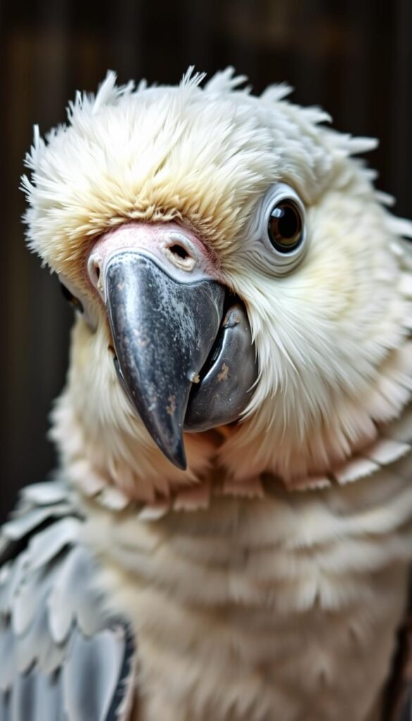 A close-up portrait of a parrot showing visible signs of stress and anxiety. The parrot's feathers are ruffled and its eyes are wide with a concerned expression. The lighting is soft and natural, emphasizing the texture of the feathers. The background is blurred to keep the focus on the parrot's face, with subtle hints of its cage or perch visible. The overall mood is one of concern and a sense of the parrot's distress, conveying the need for a new toy or environment to alleviate its stress.