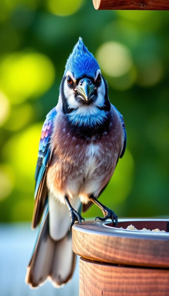 A close-up portrait of a vibrant blue jay perched on a sturdy wooden feeder, its striking plumage illuminated by warm, natural lighting. The bird's bold, confident gaze commands attention, its beak slightly open as if about to let out a raucous call. The feeder is situated against a blurred, softly-focused background of lush greenery, hinting at the bird's backyard habitat. The composition emphasizes the jay's striking colors and distinctive crest, capturing its bold, charismatic personality in crisp photographic detail.