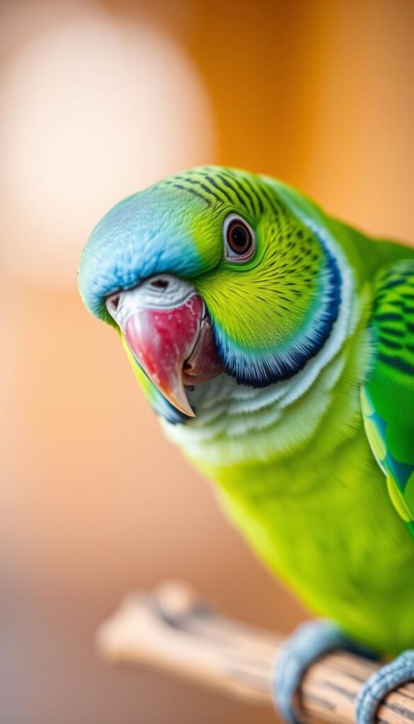 A close-up portrait of a vibrant lineolated parakeet, its lush green plumage accented by delicate black stripes and a captivating blue head. The bird is perched on a natural wooden branch, its expression curious and alert. Soft, diffused lighting illuminates the scene, creating a warm, inviting atmosphere. The background is blurred, allowing the parakeet to be the central focus, showcasing its unique and distinctive features. The image is captured with a shallow depth of field, emphasizing the bird's intricate details and textures.