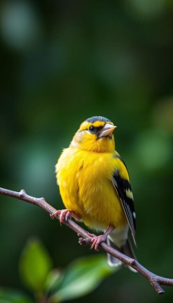A close-up portrait of an American Goldfinch perched on a delicate branch, its vibrant yellow plumage illuminated by soft, natural lighting. The bird's alert gaze and distinctive black cap and wings are captured in intricate detail, set against a subtly blurred, out-of-focus background of lush greenery. The overall composition emphasizes the beauty and grace of this striking songbird, creating a captivating and visually striking image.