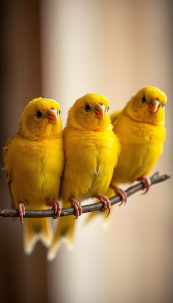A close-up portrait of three captivating canaries perched on a branch, their vibrant yellow plumage glistening under soft, warm lighting. The birds are framed against a blurred, out-of-focus background, creating a sense of depth and focus on the foreground subjects. The composition is balanced, with the canaries positioned in a harmonious arrangement, their curious expressions and delicate features inviting the viewer to admire their natural beauty. The overall mood is serene and tranquil, evoking a sense of wonder and appreciation for these delightful avian creatures.