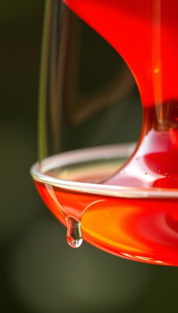 A close-up shot of a clear glass container filled with a vibrant, translucent reddish-orange hummingbird nectar. The nectar glistens under soft, diffused lighting, casting subtle reflections on the container's smooth, curved surface. In the foreground, delicate droplets cling to the rim, hinting at the sweet, nourishing liquid within. The background is blurred, allowing the nectar to be the focal point, drawing the viewer's attention to the essential sustenance for these diminutive avian marvels.