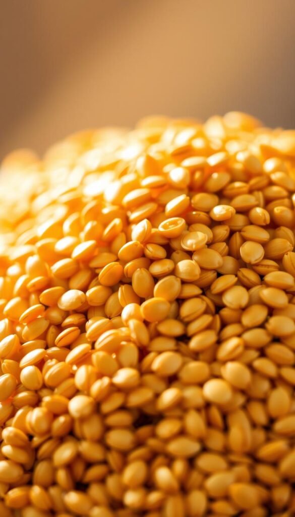 A close-up shot of a pile of golden-brown safflower seeds, their delicate husks glistening under warm, diffused lighting. The seeds are arranged in a natural, organic manner, with some slightly scattered and others nestled together, creating a visually appealing and textural composition. The background is blurred, allowing the seeds to be the focal point and emphasizing their intricate details and subtle variations in color. The overall mood is one of natural beauty and calm, reflecting the nourishing qualities of these versatile birdseed favorites.
