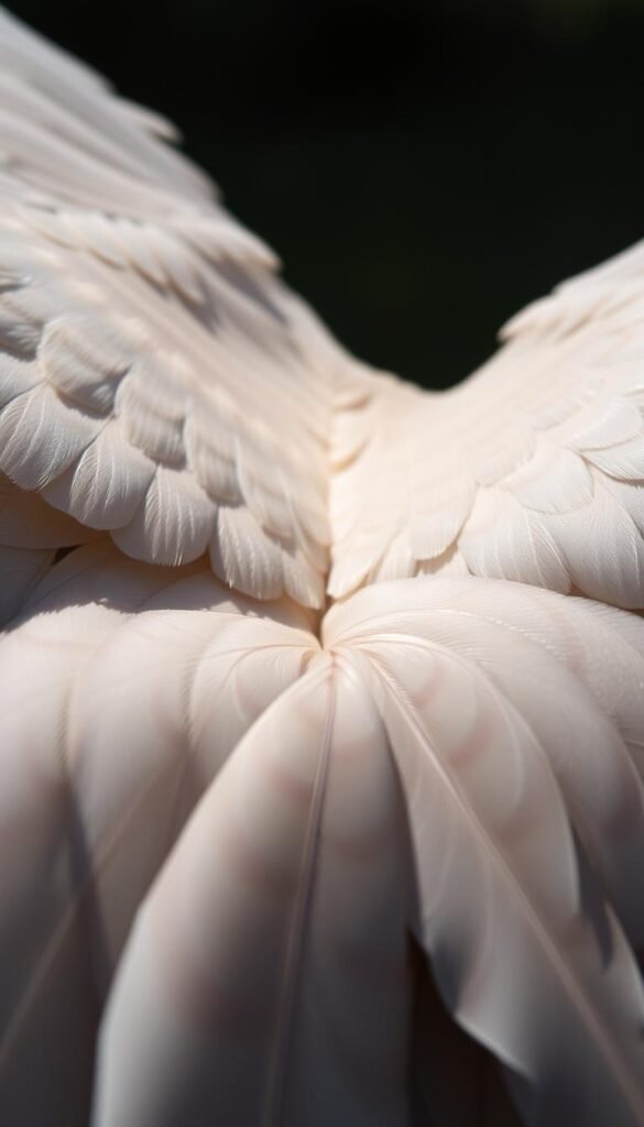 A close-up view of a bird's primary flight feathers, showcasing their intricate structure and graceful contours. Captured in natural lighting, the feathers appear soft and delicate, with a silky sheen and subtle variations in color and texture. The feathers are arranged in an overlapping pattern, highlighting their aerodynamic design and the bird's remarkable ability to soar effortlessly through the sky. The background is blurred, drawing the viewer's attention to the intricate details of the feathers themselves. The overall composition conveys a sense of tranquility and appreciation for the beauty of avian anatomy.