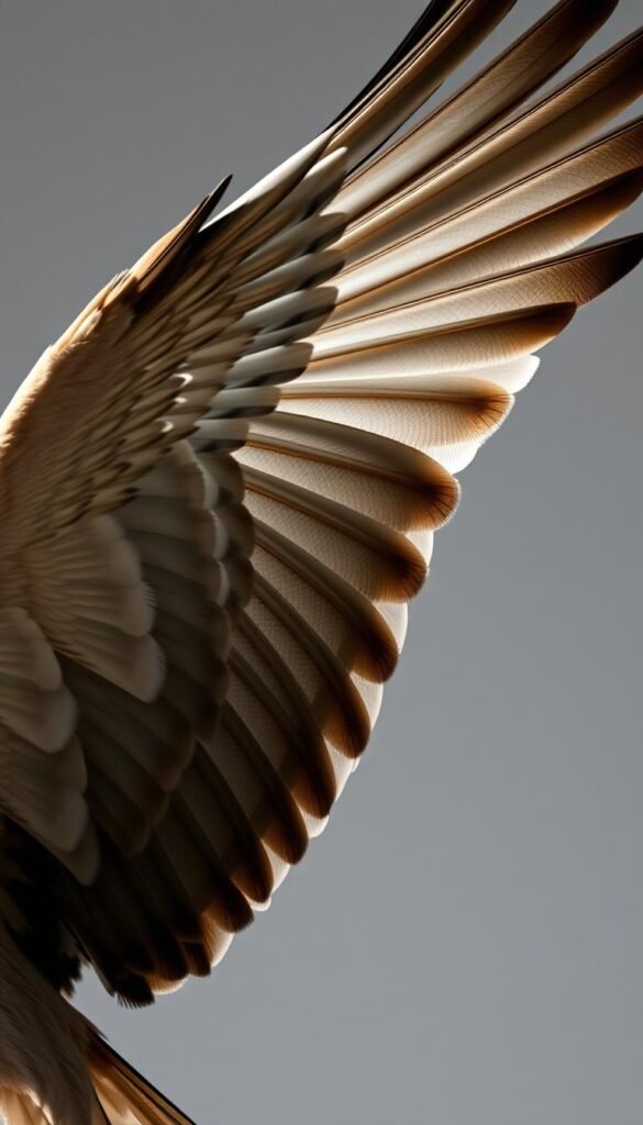 A close-up view of a bird's wing in motion, capturing the intricate mechanics of flapping flight. The wing's feathers are individually visible, with delicate details showcasing the intricate structures that enable avian aerodynamics. The wing is framed against a neutral background, allowing the viewer to focus on the biomechanical intricacies of the wing's movements. Dramatic lighting emphasizes the form and textures, creating a sense of depth and dimensionality. The camera angle is slightly elevated, providing a unique perspective that highlights the wing's power and grace in flight. The overall image conveys a sense of scientific wonder and appreciation for the engineering marvels of nature.