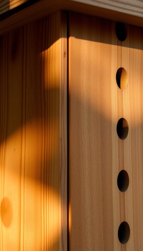 A close-up view of a handcrafted, wooden nesting box with carefully placed ventilation holes along the sides and top. The box is illuminated by natural, warm lighting, casting soft shadows that highlight the intricate details of the craftsmanship. The wooden grain and texture are visible, conveying a sense of rustic charm. The image is captured at a slightly elevated angle, providing a clear view of the functional ventilation design, which is essential for the health and comfort of the Eastern Bluebirds that will occupy this carefully constructed home.
