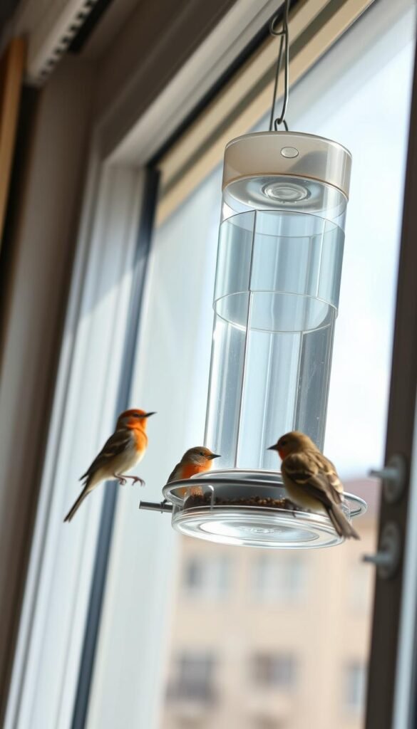 A close-up view of a modern, sleek window bird feeder securely mounted on a clean, unobstructed windowpane. The feeder is composed of transparent acrylic with a classic hopper design and perches, inviting a variety of vibrant songbirds to feed. Soft, diffused natural light from the window illuminates the scene, highlighting the intricate details of the feeder and the delicate feathers of the birds. The background is slightly blurred, focusing the viewer's attention on the feeder and the feathered visitors. The overall mood is one of serene, intimate birdwatching in an urban setting.