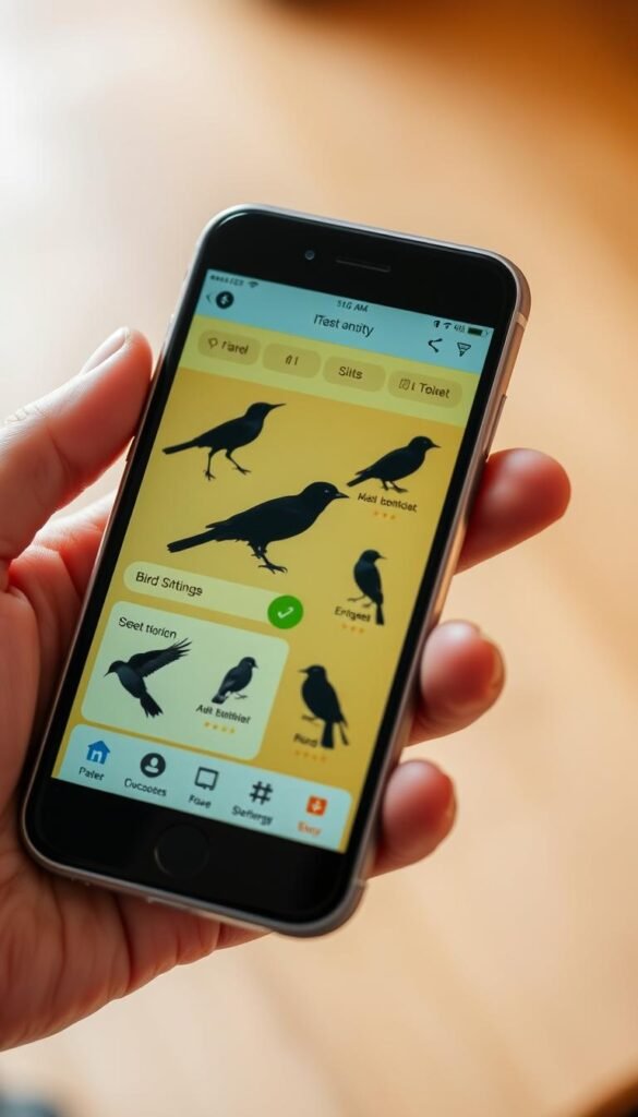 A close-up view of a smartphone screen displaying a bird identification mobile app, with a vibrant, nature-inspired color palette. The app's interface features detailed bird silhouettes, accompanied by informative labels and interactive features. The device is held in a human hand, capturing the app's seamless integration with the user's natural environment. Soft, diffused lighting illuminates the scene, creating a sense of ease and accessibility. The background blurs softly, drawing the viewer's focus to the engaging, user-friendly design of the app. A close-up view of a smartphone screen displaying a bird identification mobile app, with a vibrant, nature-inspired color palette. The app's interface features detailed bird silhouettes, accompanied by informative labels and interactive features. The device is held in a human hand, capturing the app's seamless integration with the user's natural environment. Soft, diffused lighting illuminates the scene, creating a sense of ease and accessibility. The background blurs softly, drawing the viewer's focus to the engaging, user-friendly design of the app.