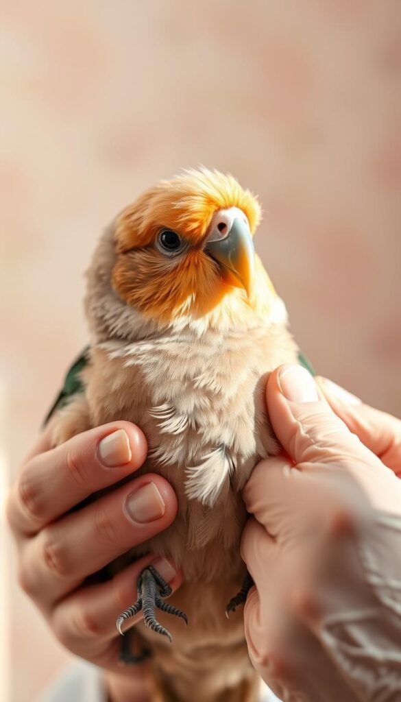 A close-up view of a veterinarian's hands carefully examining a healthy pet bird, with a calm and soothing expression on the bird's face. The scene is set against a softly blurred, pastel-colored background, creating a sense of tranquility. Natural lighting casts a warm glow, highlighting the intricate feathers and the delicate interaction between the bird and the veterinarian. The composition emphasizes the care and attention required for maintaining the well-being of a pet bird, conveying the importance of early health assessments and preventative care.