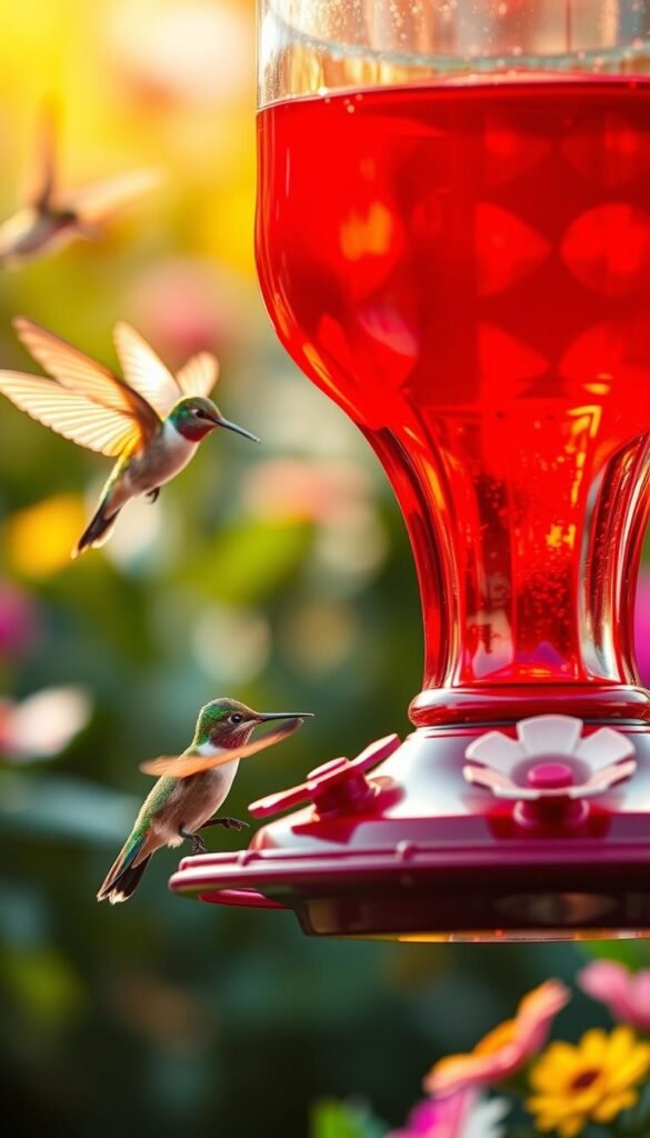 A close-up view of a vibrant hummingbird feeder, featuring a classic glass or acrylic design with multiple feeding ports. The feeder is filled with a bright red nectar solution, glistening in the warm, diffused lighting. Delicate hummingbirds hover and dart around the feeder, their iridescent feathers catching the light as they sip the sweet liquid. The feeder is set against a softly blurred, natural background, with lush greenery and flowers adding a sense of tranquility. The scene evokes the charm and beauty of these small, mesmerizing birds and the delight of observing them at a well-designed hummingbird feeder.