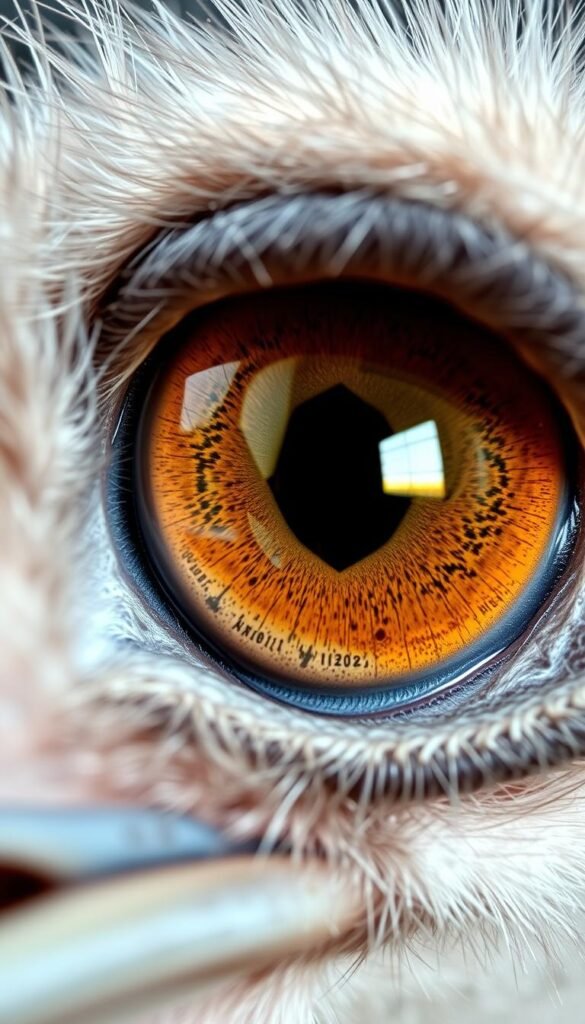 A close-up view of an ostrich eye, magnified and in high detail. The iris is a striking mosaic of intricate textures and patterns, with a large, pupil-like aperture in the center. The cornea refracts light at sharp angles, revealing the complex geometry of the eye's structure. Soft lighting from above casts gentle shadows, emphasizing the dimensional quality of the eye's surface. The perspective is slightly tilted, giving a sense of depth and dimensionality. The background is blurred, keeping the focus squarely on the captivating, scientific details of the ostrich's remarkable eye.