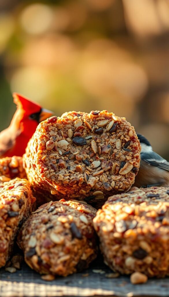 A close-up view of several suet cakes, meticulously crafted with a blend of high-quality rendered fat, seeds, nuts, and dried fruits. The cakes are presented against a softly blurred, natural background, showcasing their rich, earthy tones and irregular shapes. Warm, directional lighting casts gentle shadows, accentuating the textural details of the suet. The composition is centered, allowing the viewer to focus on the appealing, nutrient-dense treats that will attract a variety of backyard birds, including vibrant cardinals and curious chickadees.