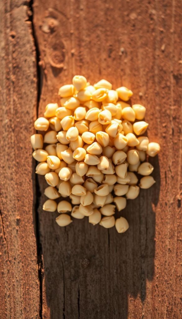 A cluster of millet grains resting on a rustic wooden surface, illuminated by warm, natural lighting that casts subtle shadows. The millet seeds are captured in crisp detail, their golden hues and textured exteriors standing out against the weathered wood grain. The image has a soft, earthy tone, evoking a sense of nourishment and simplicity. The composition is balanced, drawing the viewer's attention to the vibrant, seed-filled morsels that would make an ideal ingredient for a backyard bird feeder.