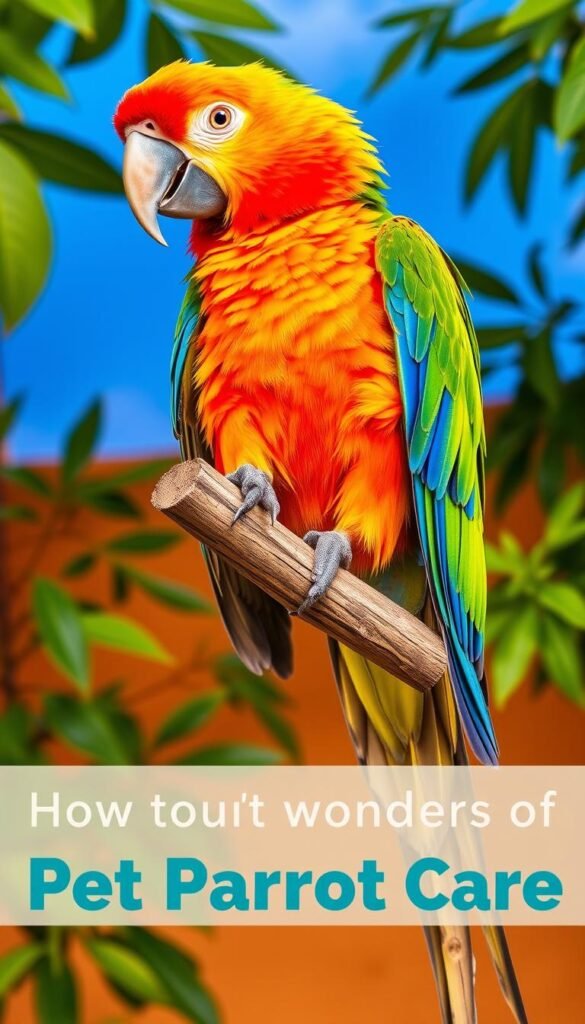 A colorful and lively scene of a pet parrot perched on a wooden branch, surrounded by lush green foliage and a vibrant blue sky. The parrot's vibrant plumage captures the eye, its sharp beak and inquisitive gaze conveying the intelligence and personality of these fascinating creatures. The branch is set against a warm, earthy background, with soft lighting illuminating the scene and creating a sense of natural harmony. The overall composition is carefully balanced, drawing the viewer's attention to the parrot and its captivating presence. This image serves as an inviting introduction to the wonders of pet parrot care, inspiring curiosity and a desire to learn more.