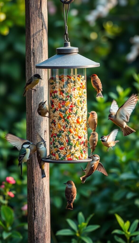 A colorful bird feeder filled with vibrant seeds and grains, hanging from a weathered wooden post in a lush, verdant garden. The feeder is surrounded by a variety of native birds - chickadees, nuthatches, finches, and sparrows - eagerly fluttering and perching to partake in the seasonal bounty. Soft, diffused natural light filters through the foliage, creating a warm, inviting atmosphere. The scene captures the essence of nurturing wild birds with essential nutrition through the changing seasons.