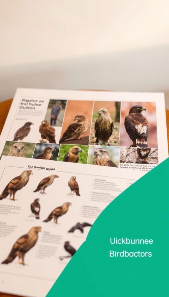 A comprehensive raptor identification guide presented in a clean, educational layout. The foreground features detailed illustrations of several raptor species, showcasing their distinctive features and silhouettes. The middle ground showcases photographic portraits of raptors in natural habitats, captured with a shallow depth of field to highlight their sharp features. The background contains a subtle gradient or texture, conveying a sense of natural, earthy tones. Soft, warm lighting illuminates the scene, creating a serene, informative atmosphere. The overall composition and layout are designed to be visually engaging and helpful for beginner birdwatchers to learn raptor identification.