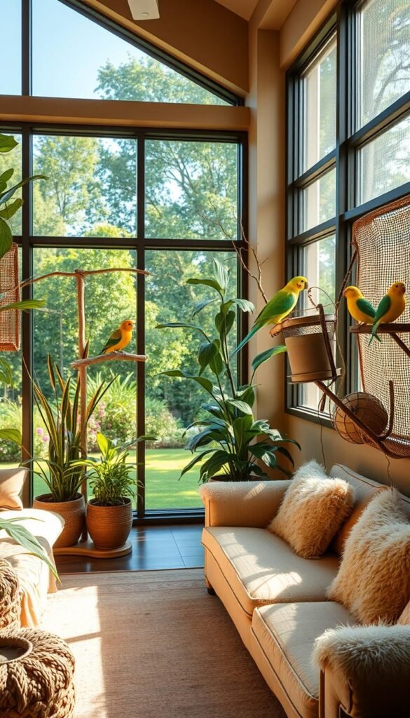 A cozy and inviting indoor space, meticulously designed to provide a safe haven for pet birds. The room is flooded with warm, natural light, filtering through large windows that offer a serene garden view. Sturdy, bird-safe perches and feeders are seamlessly integrated into the decor, creating a harmonious environment. The walls are adorned with vibrant plants and textured natural elements, fostering a calming atmosphere. Plush, bird-friendly furnishings invite birds to rest and explore, while ensuring their safety. The room exudes a sense of tranquility and balance, perfectly capturing the essence of a bird-centric, indoor oasis.