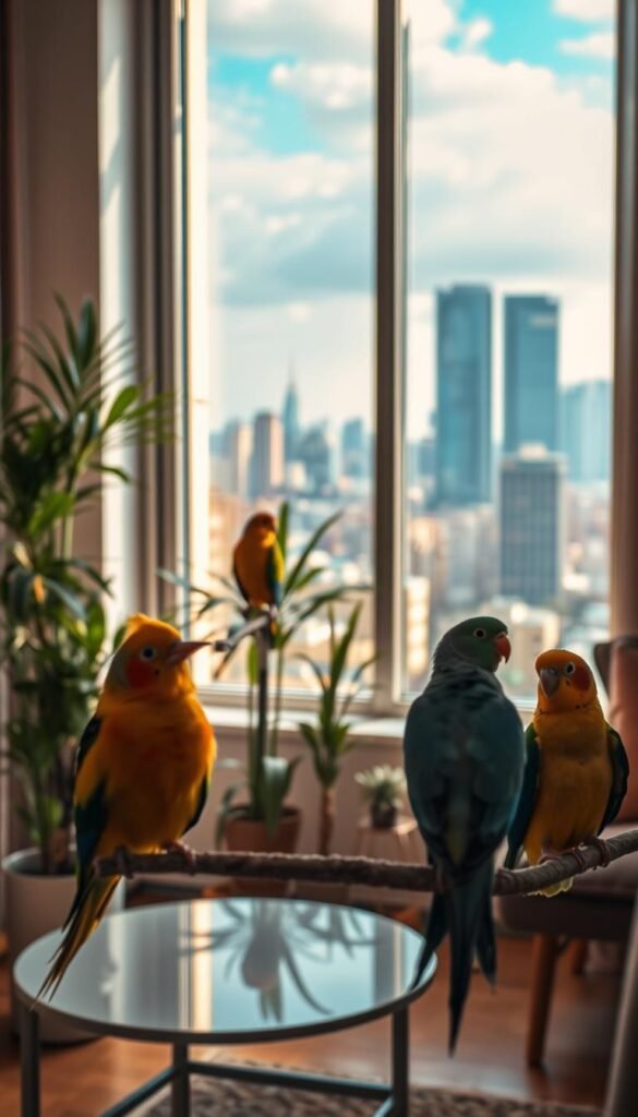 A cozy apartment setting with a large window overlooking a vibrant cityscape. In the foreground, three perching birds - a colorful canary, a charming parakeet, and a striking cockatiel - stand out against the warm natural light. The middle ground features lush indoor plants and a modern minimalist decor, creating a serene and inviting atmosphere. The background showcases the bustling city skyline, emphasizing the urban context. The image is captured with a shallow depth of field, gently blurring the background and drawing the viewer's attention to the central bird subjects. Soft, diffused lighting casts a comforting glow, evoking a sense of domestic tranquility.