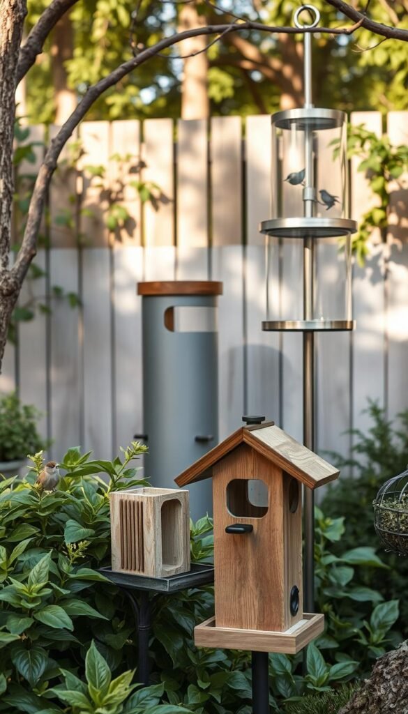 A cozy backyard scene showcasing an assortment of aesthetically pleasing bird feeders. In the foreground, a rustic wooden feeder with a charming pitched roof and metal accents stands among lush greenery. The middle ground features a modern cylindrical feeder in a muted color palette, complementing the natural surroundings. In the background, a sleek, minimalist feeder made of brushed metal and glass blends seamlessly with the fence and trees, creating a harmonious outdoor display. Soft, natural lighting filters through the scene, casting gentle shadows and highlighting the textures and materials of the feeders. The overall composition conveys a sense of tranquility and thoughtful design, inspiring backyard bird enthusiasts to choose feeders that not only provide sustenance but also enhance the beauty of their outdoor spaces.