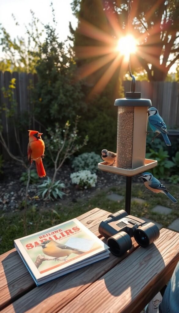 A cozy backyard scene, the warm sun casting a soft glow over a pair of beginner birders observing a vibrant array of feathered friends at a simple bird feeder. In the foreground, a pair of budget-friendly binoculars and a field guide lie on a weathered wooden bench, hinting at the joys of discovering the natural world on a shoestring. The middle ground showcases a variety of common backyard birds - a cheerful cardinal, a curious chickadee, and a striking blue jay - perched on the feeder, inviting the viewers to embark on their own affordable avian adventure. In the background, lush greenery and a cloudless sky suggest the tranquility and accessibility of this captivating hobby, perfect for beginners seeking to connect with nature without breaking the bank.