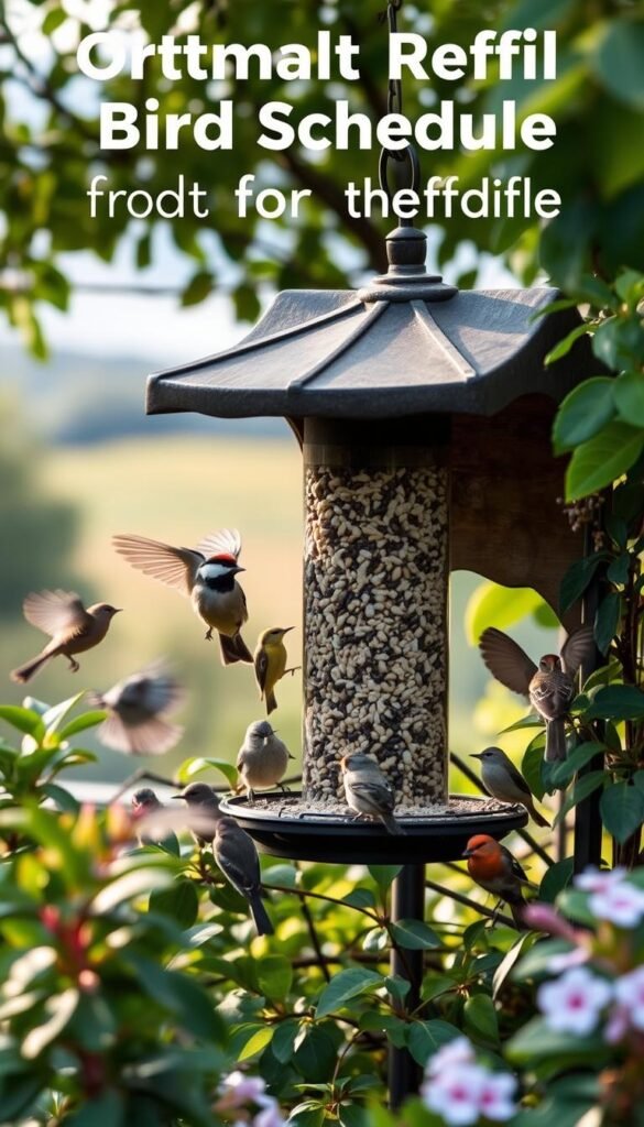 A cozy backyard scene with a bird feeder nestled among lush foliage, bathed in soft, diffused natural light. A variety of seasonal birds, such as chickadees, nuthatches, and finches, flutter and perch, feeding on an assortment of seeds and suet. The feeder is placed strategically to offer protection from the elements, with a clear view for observing the birds' activities. The background features a blurred, idyllic landscape, hinting at the changing seasons. The overall mood is one of serenity and harmony, capturing the essence of the optimal refill schedule for bird feeders throughout the year.
