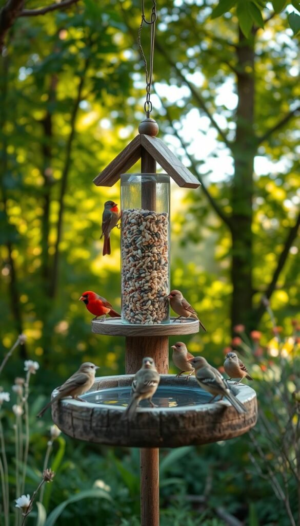 A cozy backyard scene with a rustic wooden bird feeder and bath set against a lush, verdant backdrop. The feeder is filled with a variety of seeds, attracting a vibrant array of songbirds, including vibrant cardinals, playful chickadees, and curious sparrows. The bird bath is positioned nearby, providing a refreshing watering hole for the feathered visitors. Soft, natural lighting filters through the surrounding trees, creating a warm, inviting atmosphere. The camera angle is low, capturing the scene from the perspective of the birds, emphasizing the welcoming and accessible nature of this backyard oasis.